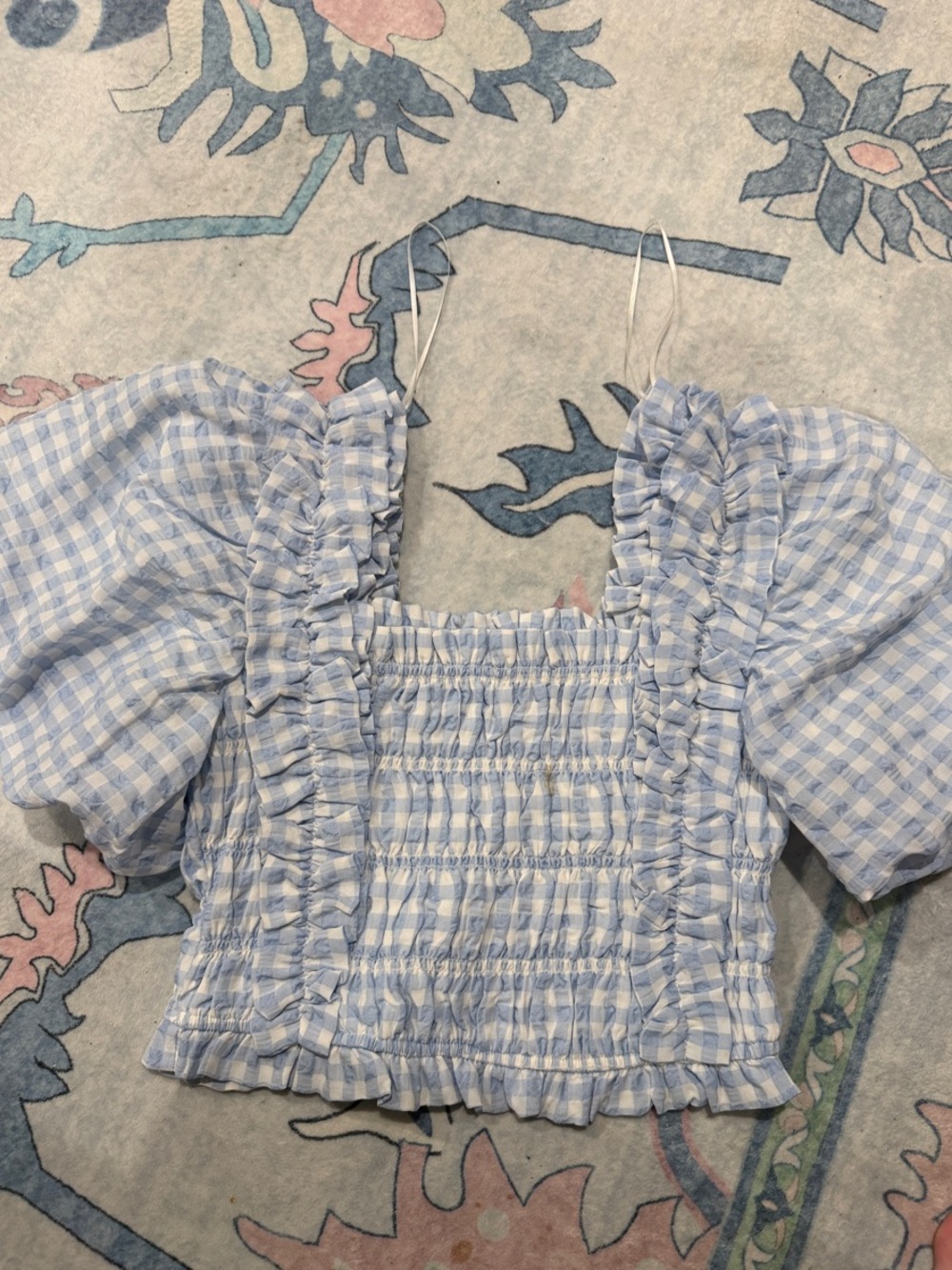 Blue and White Gingham Ruffle Smocked Crop Top